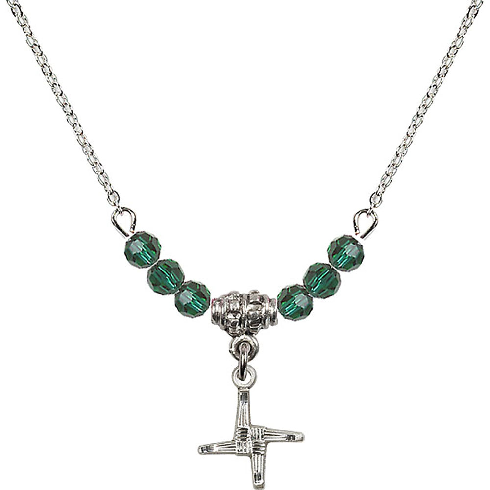 Sterling Silver Saint Brigid Cross Birthstone Necklace with Emerald Beads - 0291