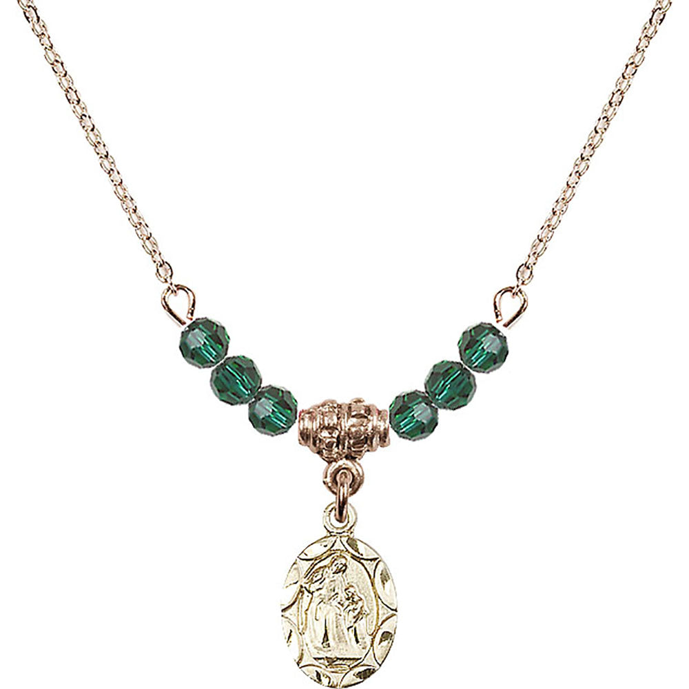 14kt Gold Filled Saint Ann Birthstone Necklace with Emerald Beads - 0301