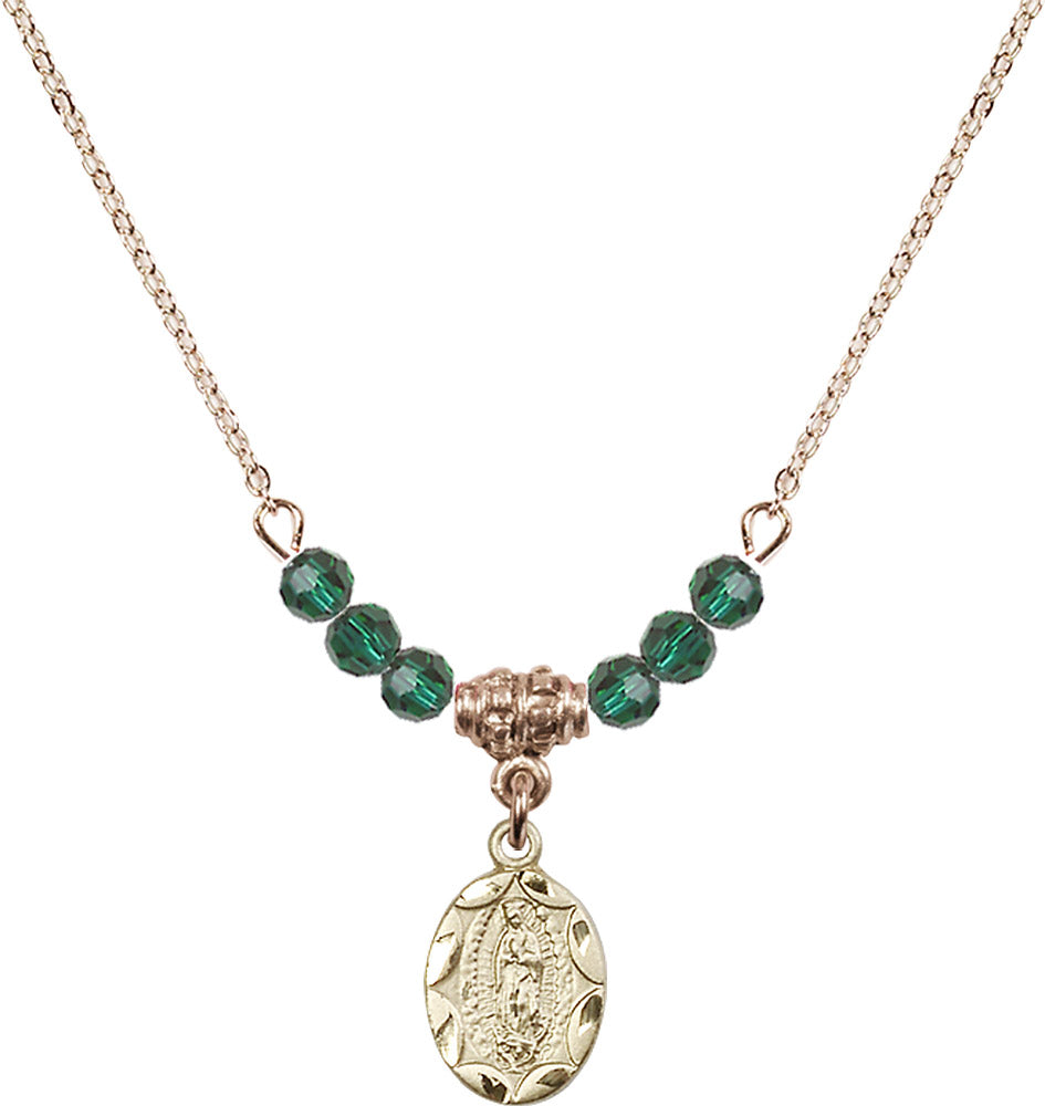 14kt Gold Filled Our Lady of Guadalupe Birthstone Necklace with Emerald Beads - 0301