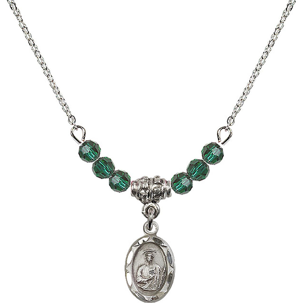 Sterling Silver Saint Jude Birthstone Necklace with Emerald Beads - 0301