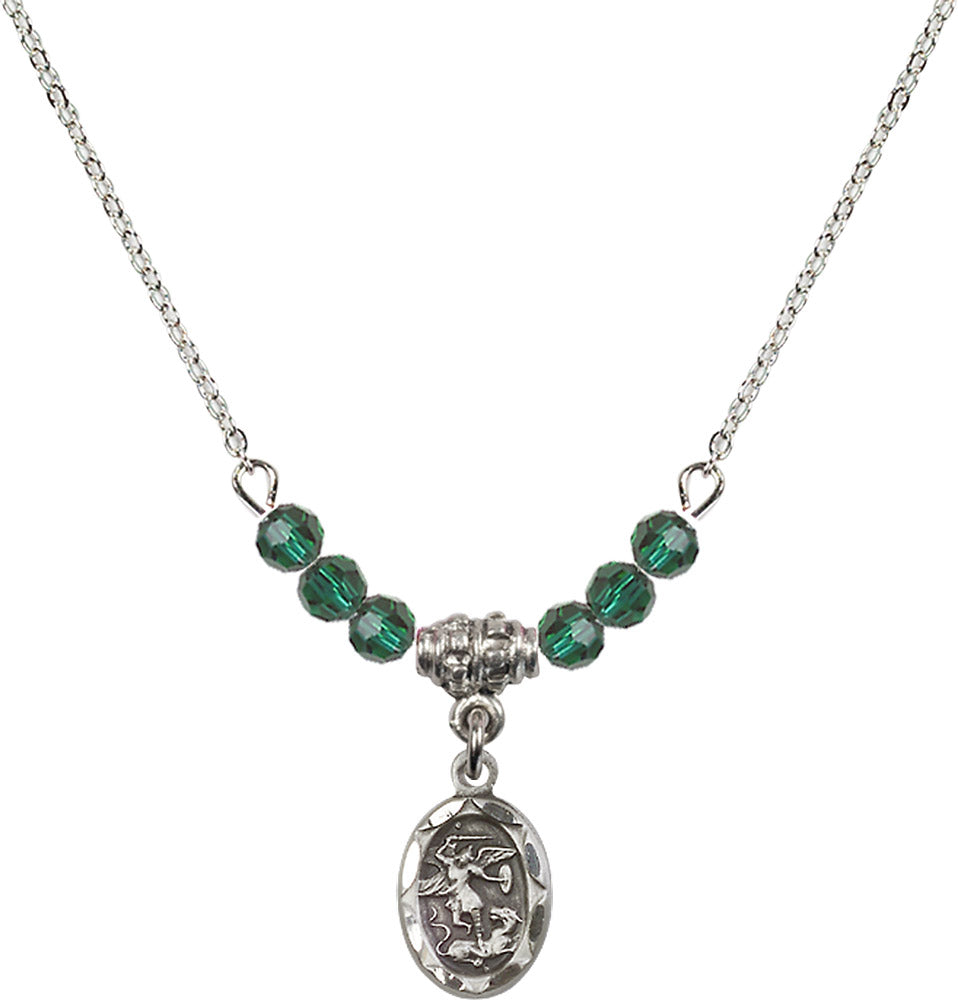 Sterling Silver Saint Michael the Archangel Birthstone Necklace with Emerald Beads - 0301