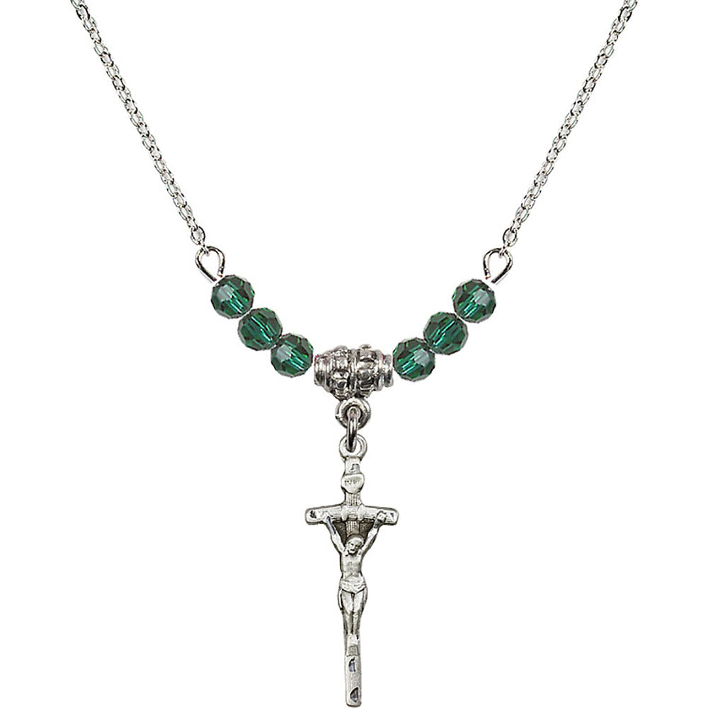 Sterling Silver Papal Crucifix Birthstone Necklace with Emerald Beads - 0563