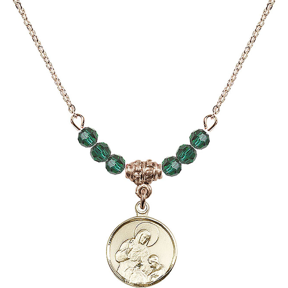 14kt Gold Filled Saint Ann Birthstone Necklace with Emerald Beads - 0601
