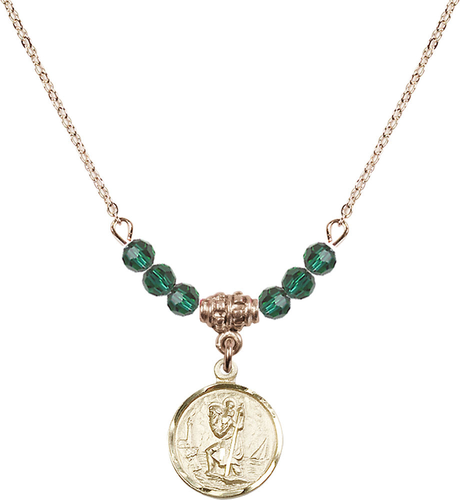 14kt Gold Filled Saint Christopher Birthstone Necklace with Emerald Beads - 0601