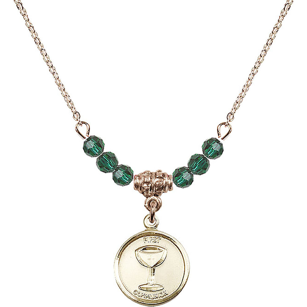 14kt Gold Filled Communion Birthstone Necklace with Emerald Beads - 0601