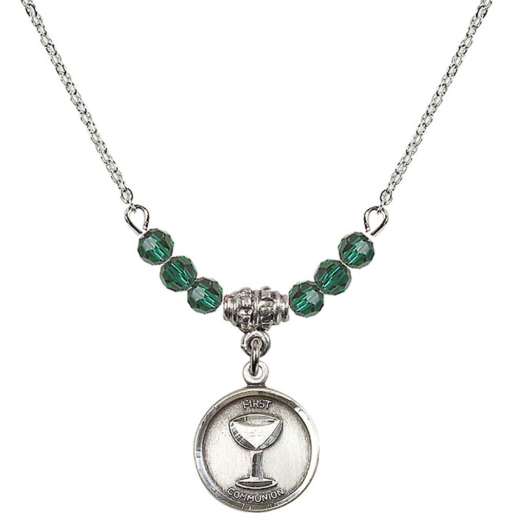 Sterling Silver Communion Birthstone Necklace with Emerald Beads - 0601