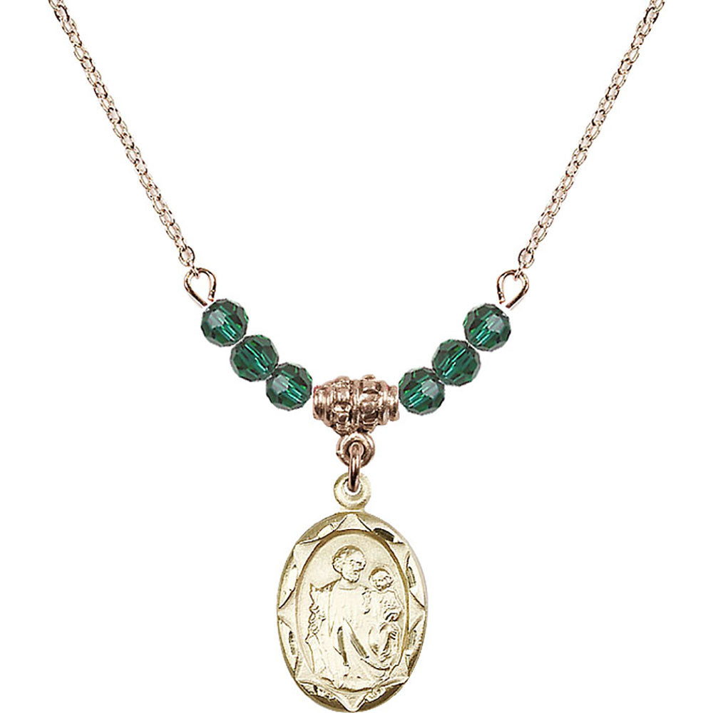 14kt Gold Filled Saint Joseph Birthstone Necklace with Emerald Beads - 0612