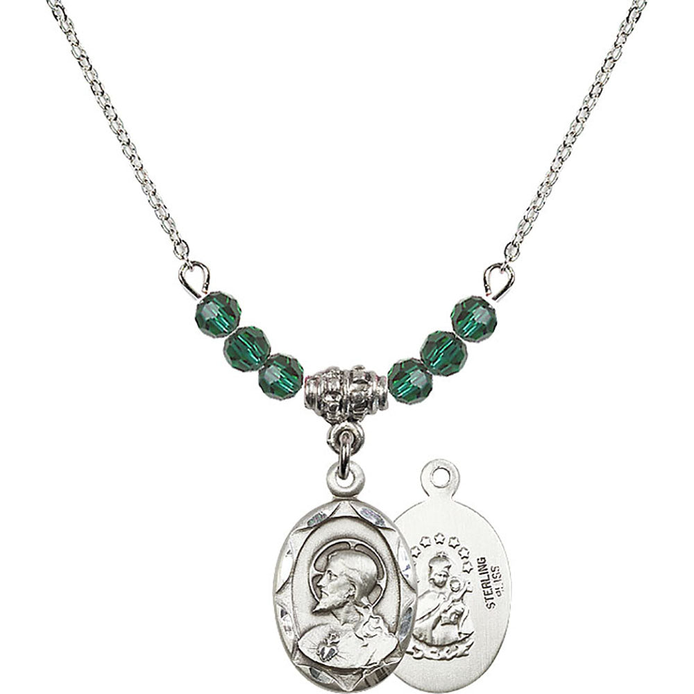 Sterling Silver Scapular Birthstone Necklace with Emerald Beads - 0612