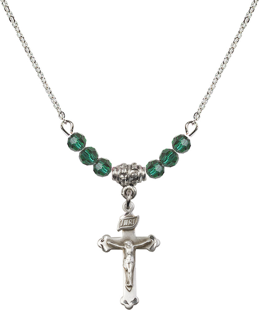 Sterling Silver Crucifix Birthstone Necklace with Emerald Beads - 0669