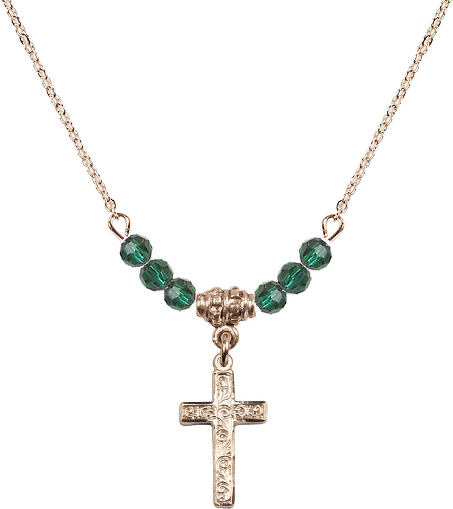 14kt Gold Filled Cross Birthstone Necklace with Emerald Beads - 0672