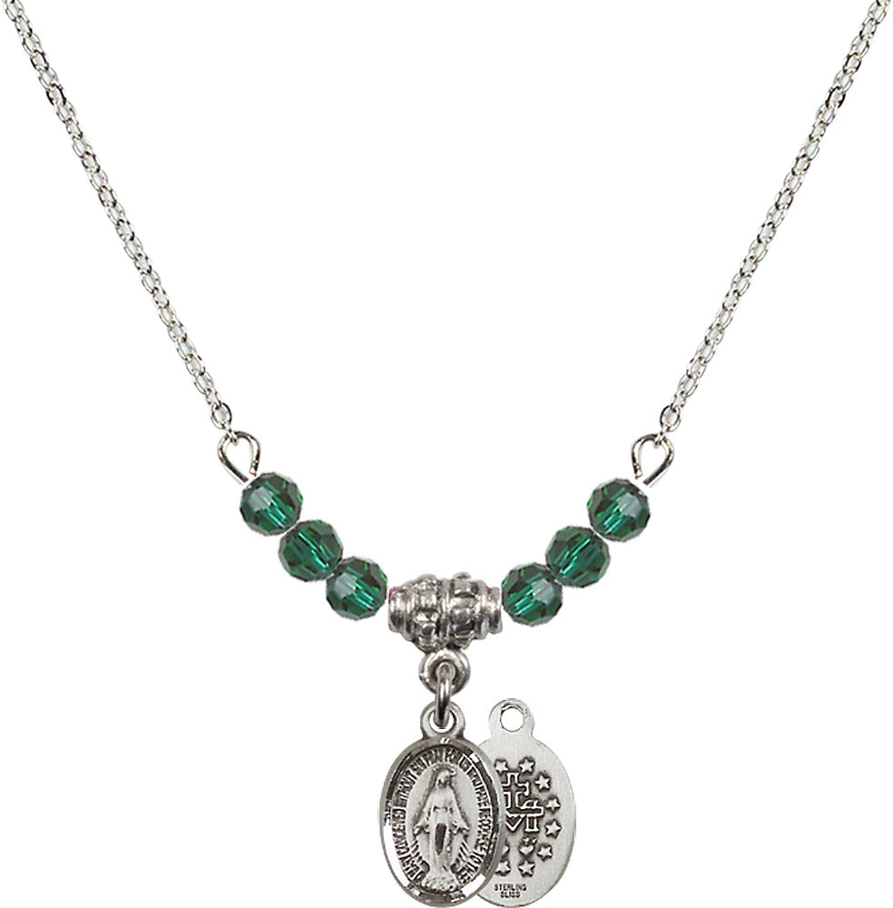 Sterling Silver Miraculous Birthstone Necklace with Emerald Beads - 0702