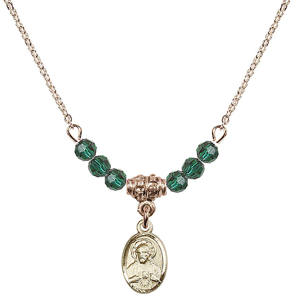 14kt Gold Filled Scapular Birthstone Necklace with Emerald Beads - 0702
