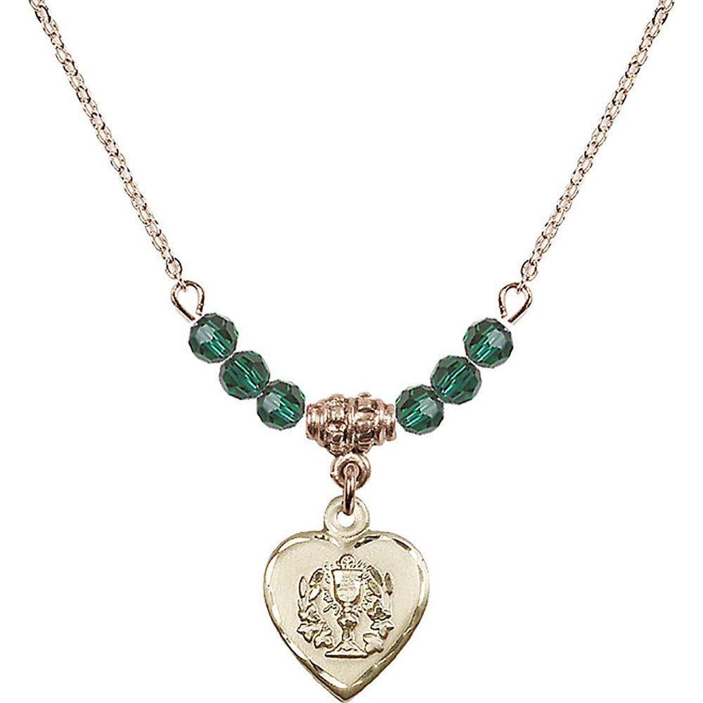 14kt Gold Filled Heart / Communion Birthstone Necklace with Emerald Beads - 0892