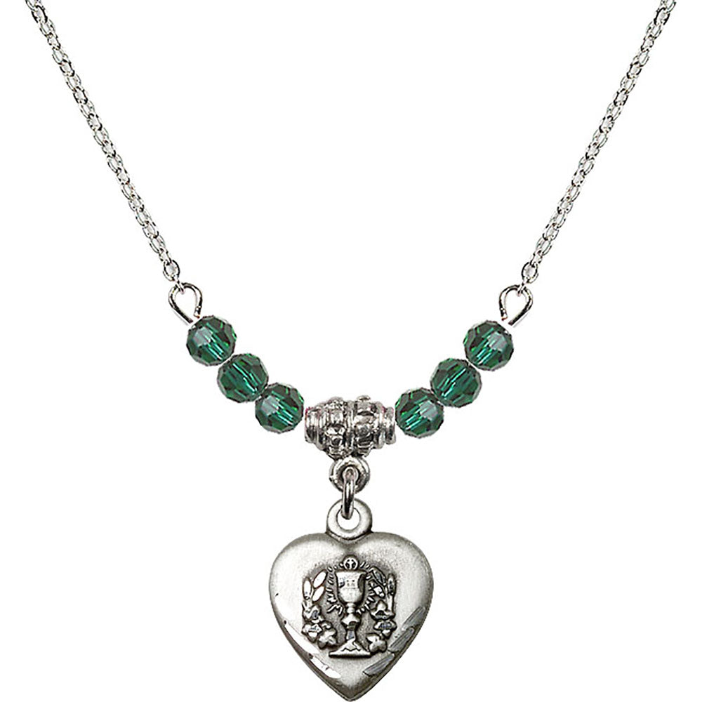 Sterling Silver Heart / Communion Birthstone Necklace with Emerald Beads - 0892