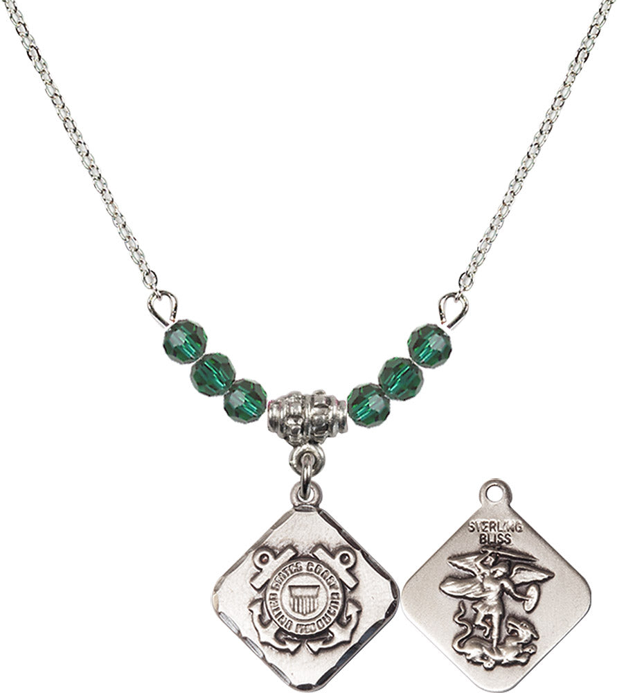 Sterling Silver Coast Guard Diamond Birthstone Necklace with Emerald Beads - 1180