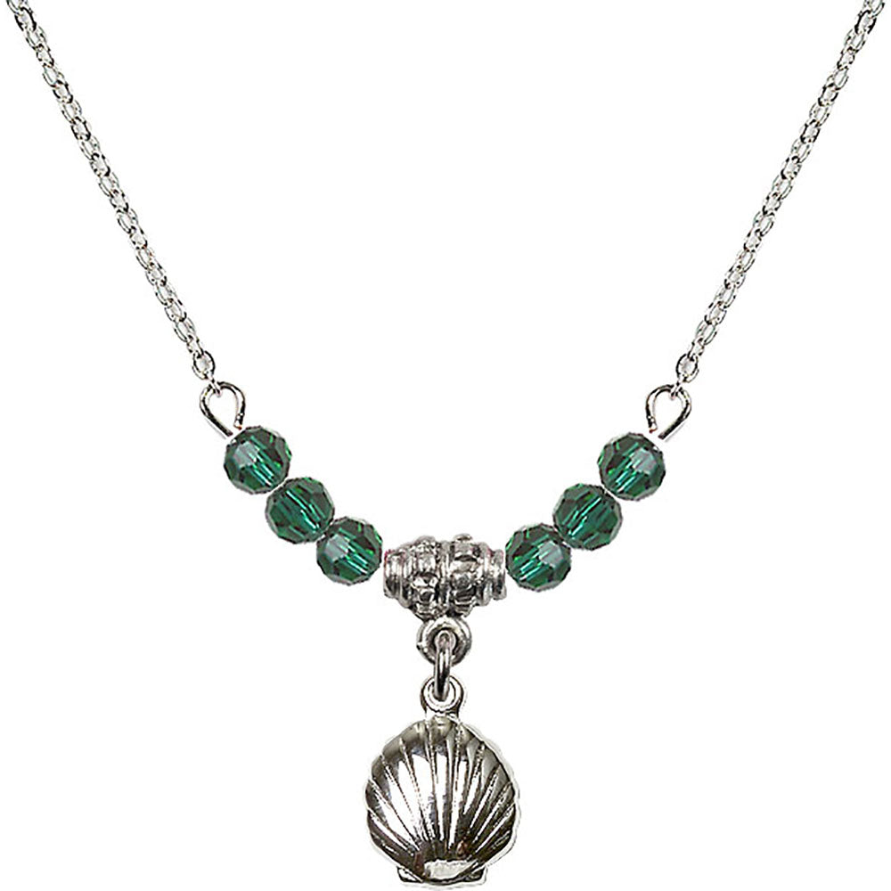 Sterling Silver Shell Birthstone Necklace with Emerald Beads - 1260