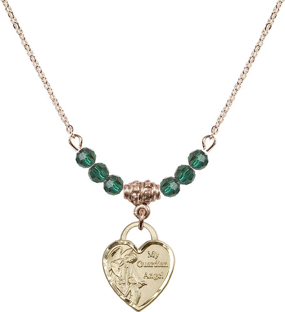 14kt Gold Filled Guardian Angel Heart Birthstone Necklace with Emerald Beads - 3402