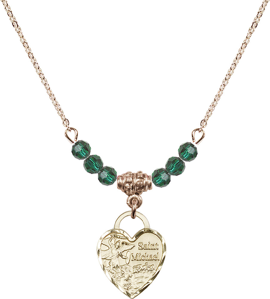 14kt Gold Filled Saint Michael Heart Birthstone Necklace with Emerald Beads - 3403