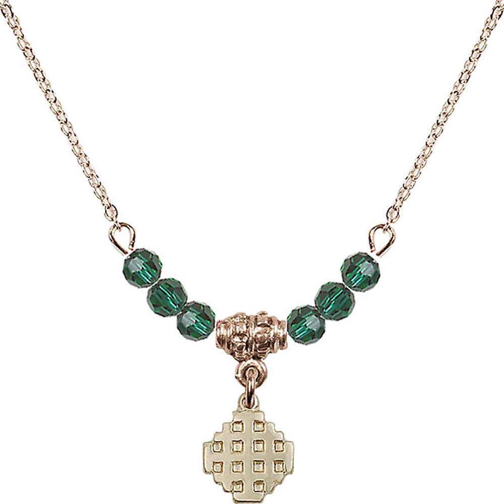 14kt Gold Filled Jerusalem Cross Birthstone Necklace with Emerald Beads - 4118
