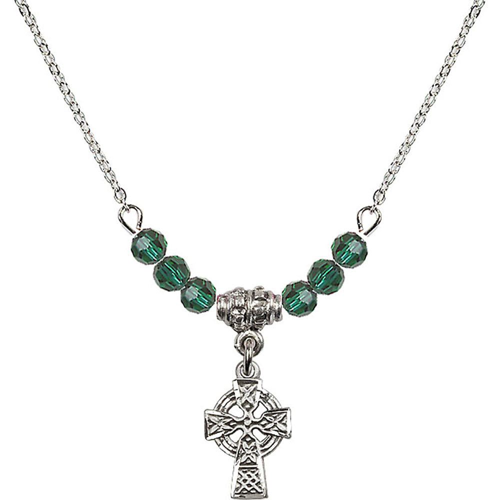 Sterling Silver Celtic Cross Birthstone Necklace with Emerald Beads - 4133
