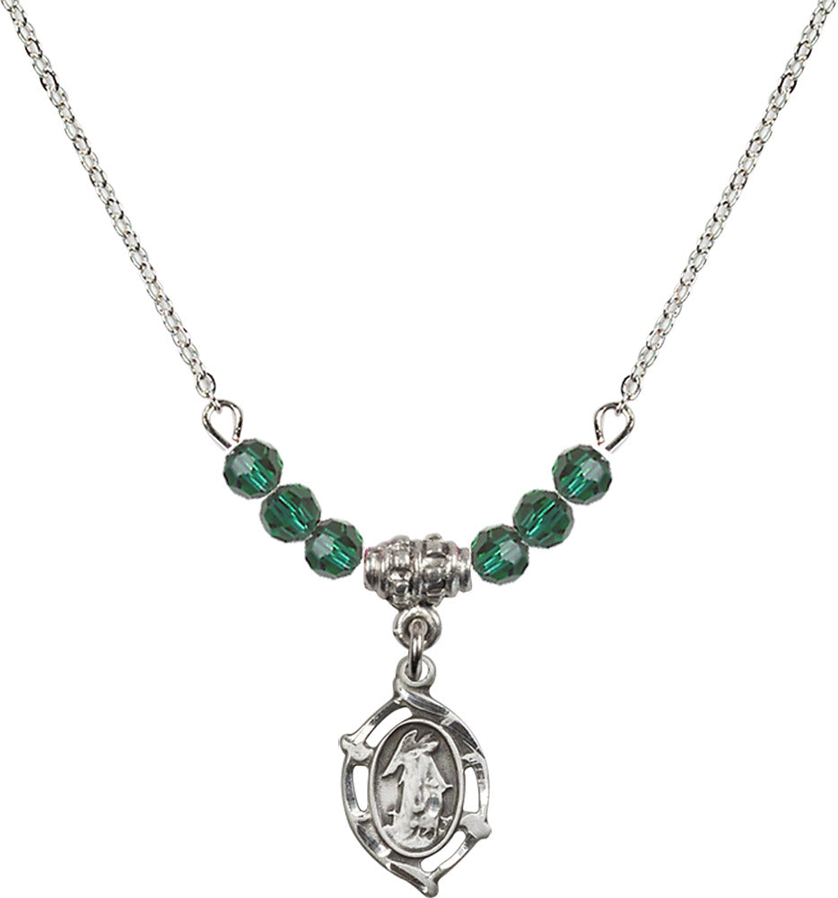 Sterling Silver Guardian Angel Birthstone Necklace with Emerald Beads - 4154