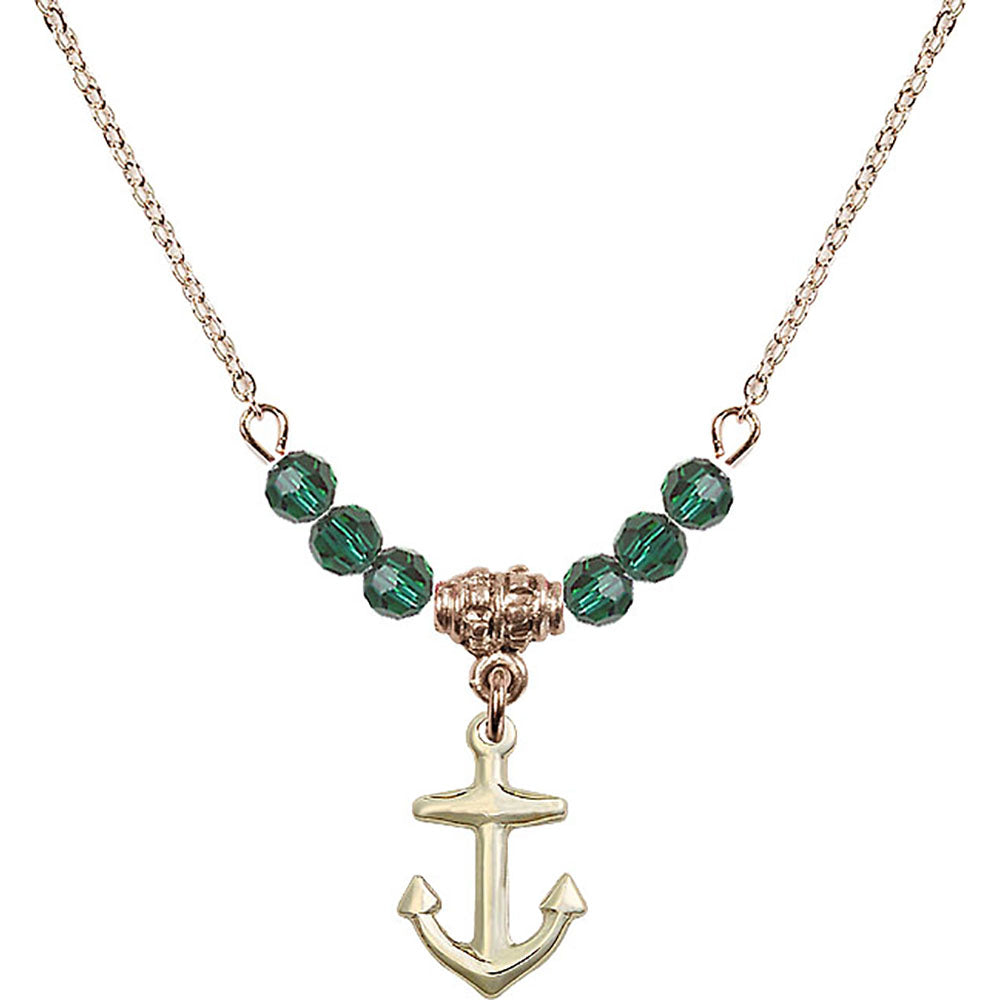 14kt Gold Filled Anchor Birthstone Necklace with Emerald Beads - 4158