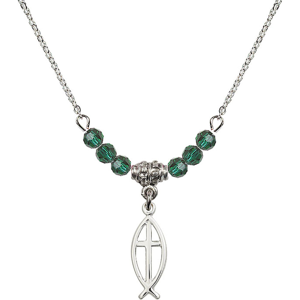 Sterling Silver Fish / Cross Birthstone Necklace with Emerald Beads - 4251