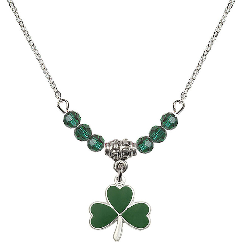 Sterling Silver Shamrock Birthstone Necklace with Emerald Beads - 5243
