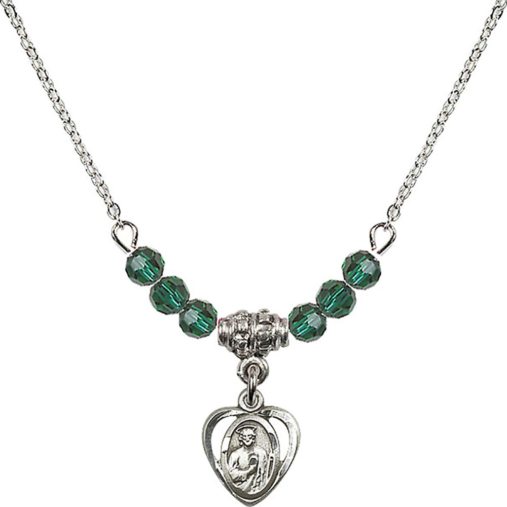 Sterling Silver Saint Jude Birthstone Necklace with Emerald Beads - 5404