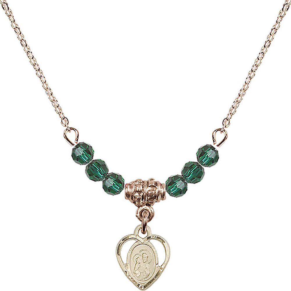 14kt Gold Filled Saint Ann Birthstone Necklace with Emerald Beads - 5414