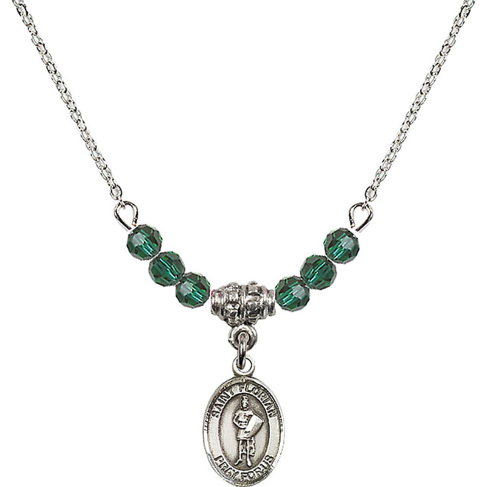 Sterling Silver Saint Florian Birthstone Necklace with Emerald Beads - 9034