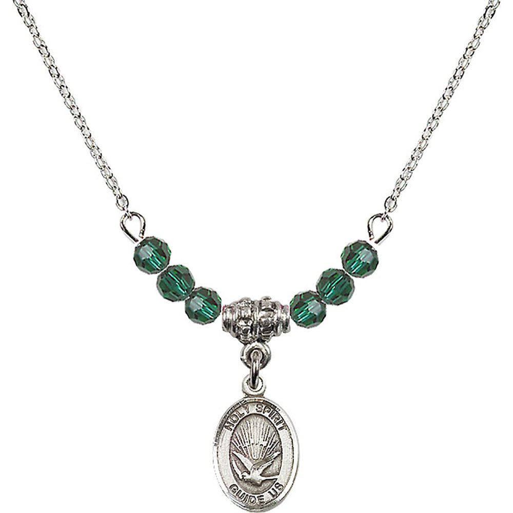 Sterling Silver Holy Spirit Birthstone Necklace with Emerald Beads - 9044