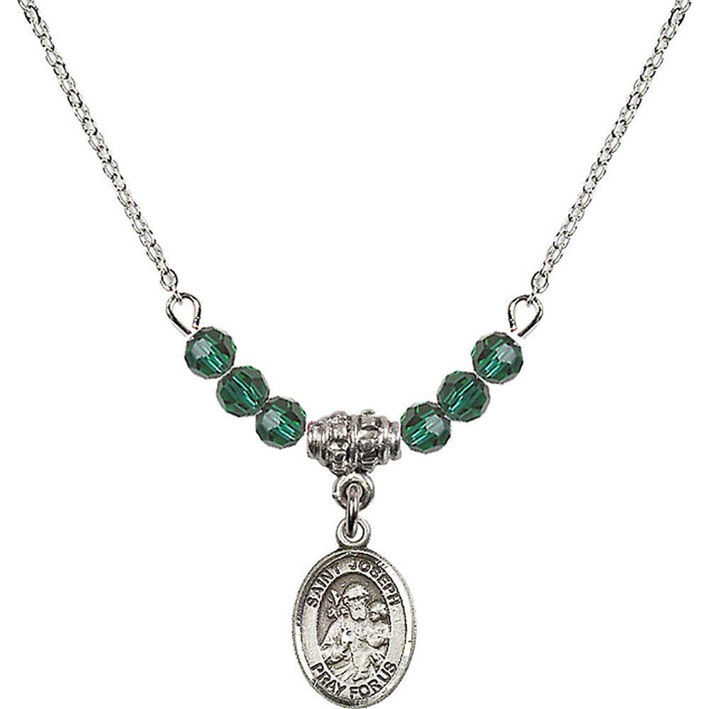 Sterling Silver Saint Joseph Birthstone Necklace with Emerald Beads - 9058