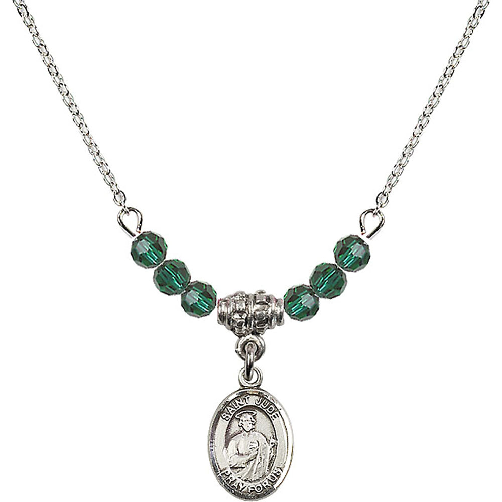 Sterling Silver Saint Jude Thaddeus Birthstone Necklace with Emerald Beads - 9060