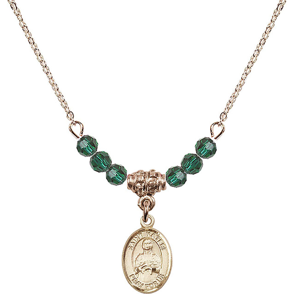 14kt Gold Filled Saint Kateri Tekakwitha Birthstone Necklace with Emerald Beads - 9061