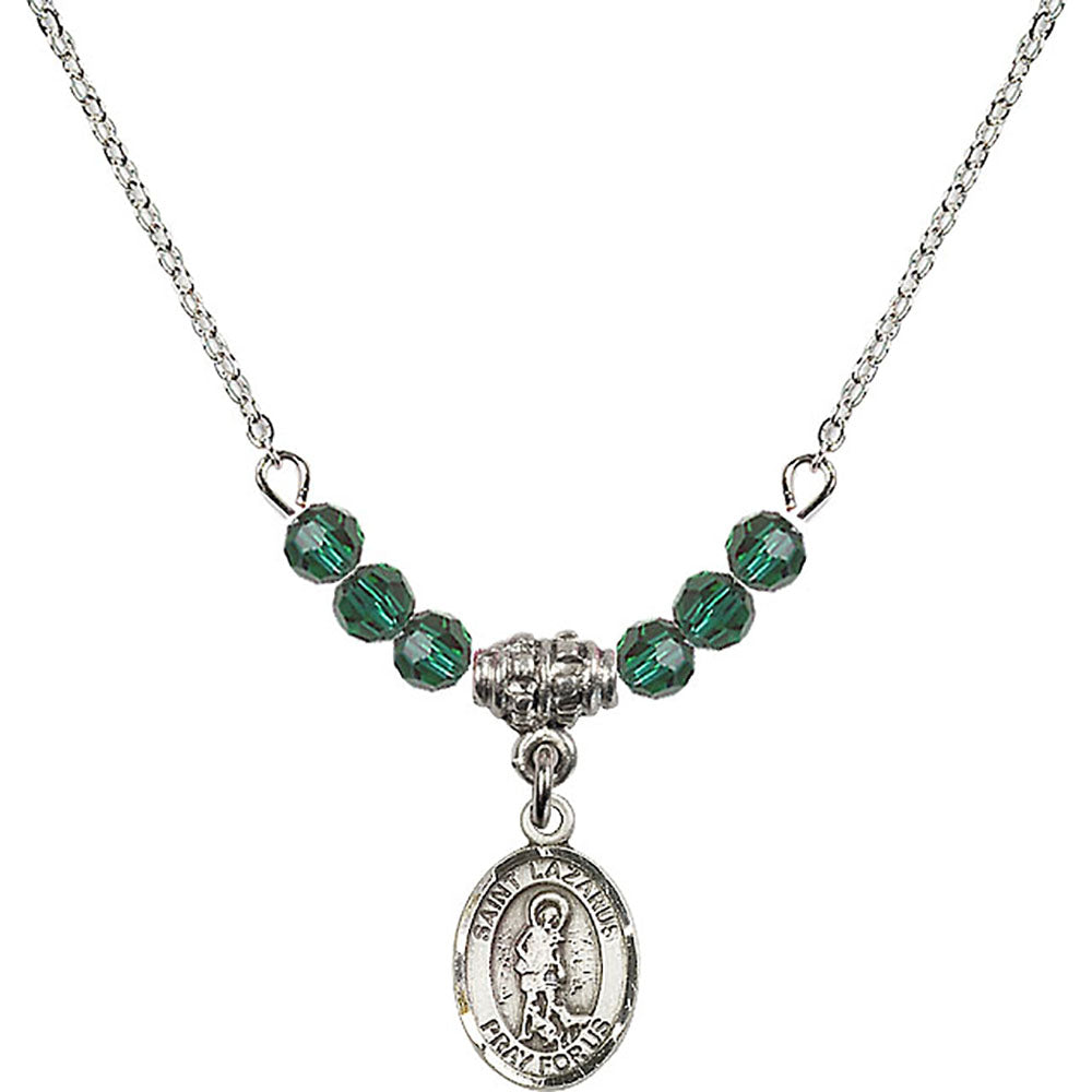 Sterling Silver Saint Lazarus Birthstone Necklace with Emerald Beads - 9066