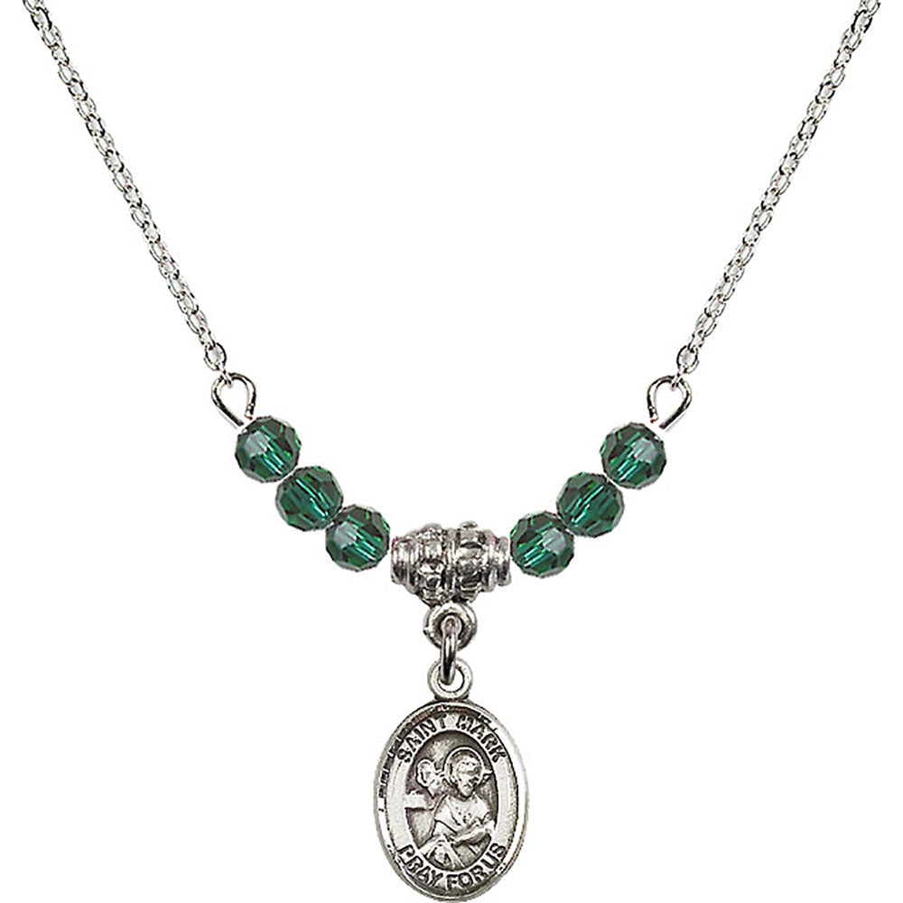 Sterling Silver Saint Mark the Evangelist Birthstone Necklace with Emerald Beads - 9070