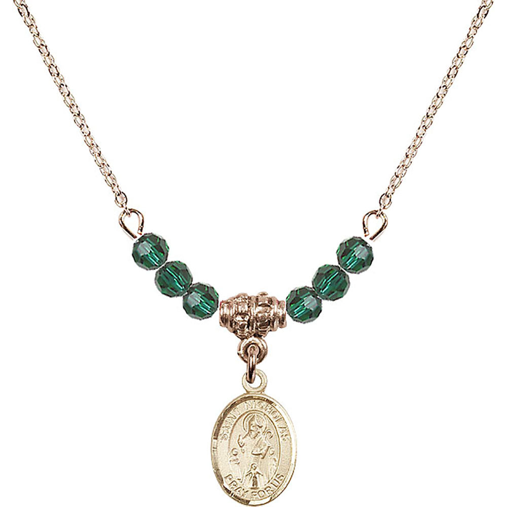 14kt Gold Filled Saint Nicholas Birthstone Necklace with Emerald Beads - 9080