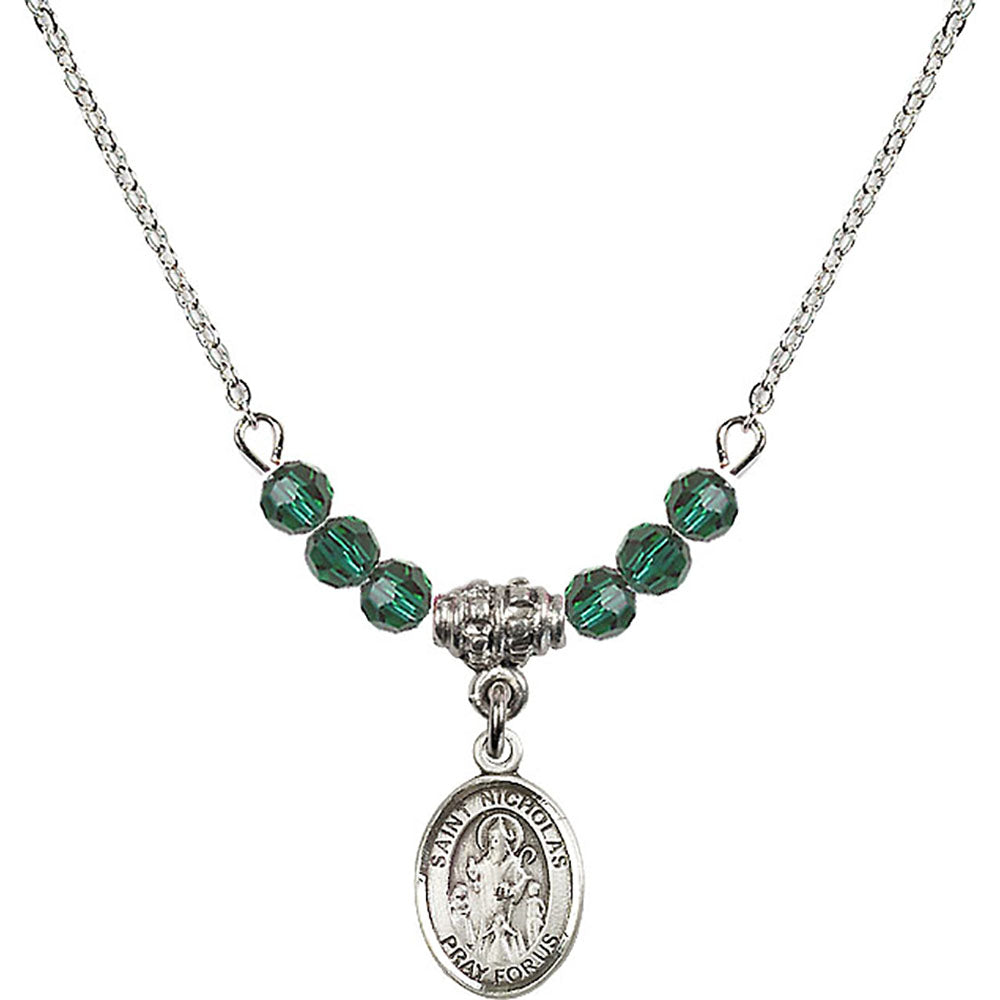 Sterling Silver Saint Nicholas Birthstone Necklace with Emerald Beads - 9080
