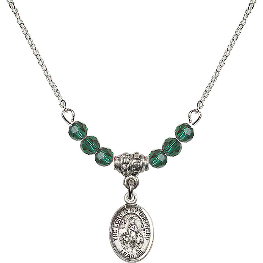 Sterling Silver Lord Is My Shepherd Birthstone Necklace with Emerald Beads - 9119