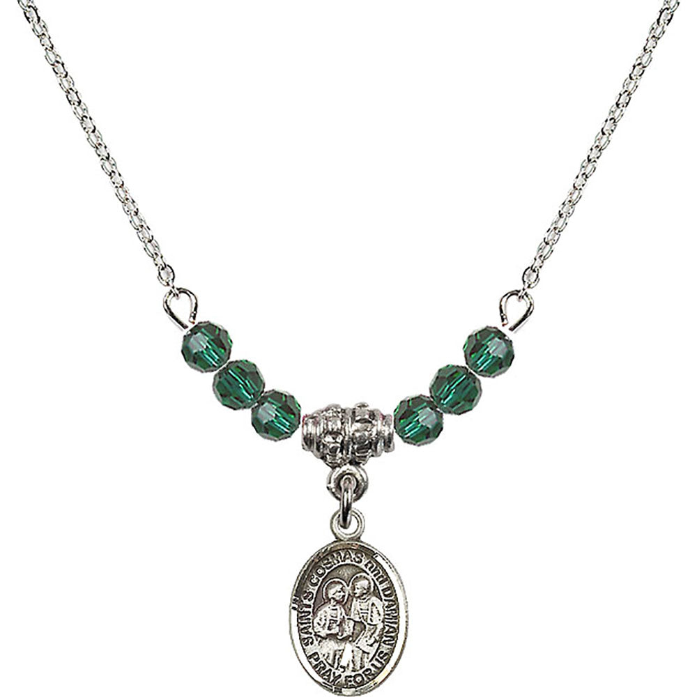 Sterling Silver Saints Cosmas & Damian Birthstone Necklace with Emerald Beads - 9132
