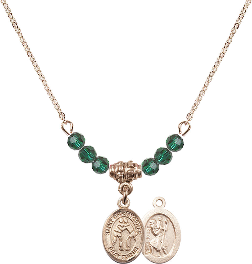 14kt Gold Filled Saint Christopher/Wrestling Birthstone Necklace with Emerald Beads - 9159