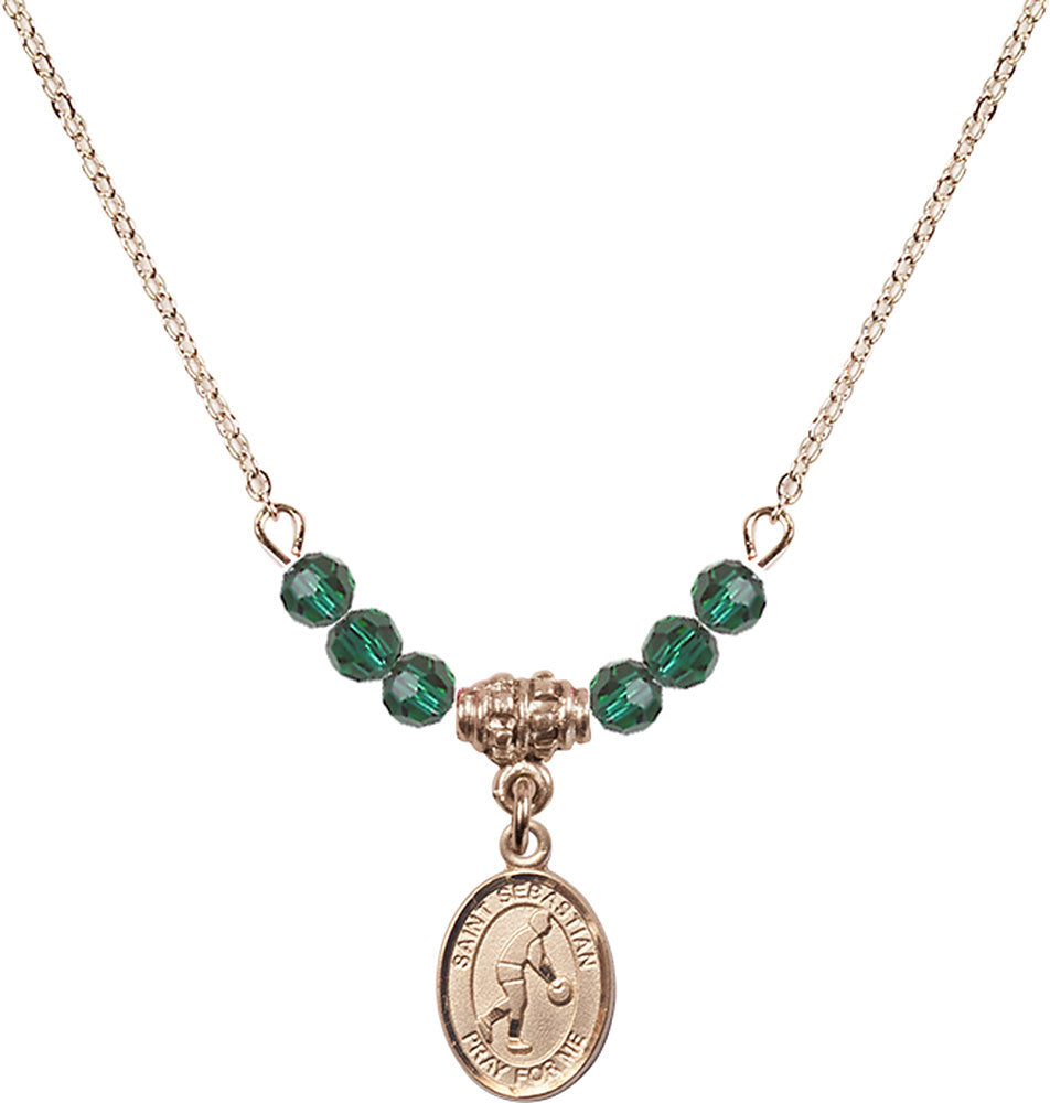 14kt Gold Filled Saint Sebastian/Basketball Birthstone Necklace with Emerald Beads - 9163