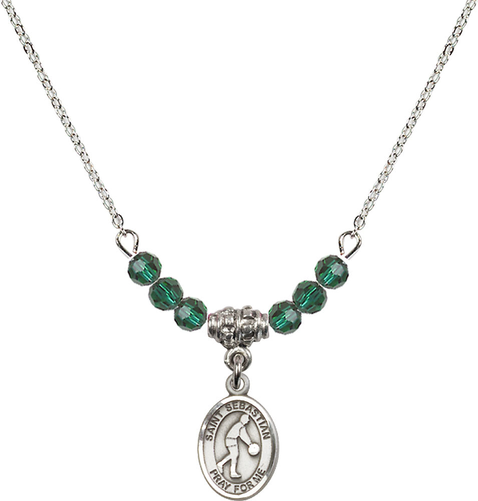 Sterling Silver Saint Sebastian/Basketball Birthstone Necklace with Emerald Beads - 9163