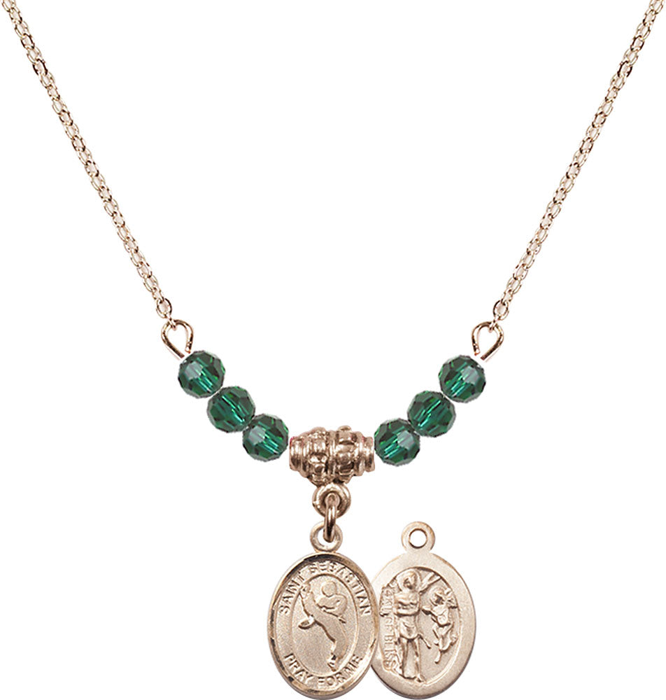 14kt Gold Filled Saint Sebastian/Martial Arts Birthstone Necklace with Emerald Beads - 9168