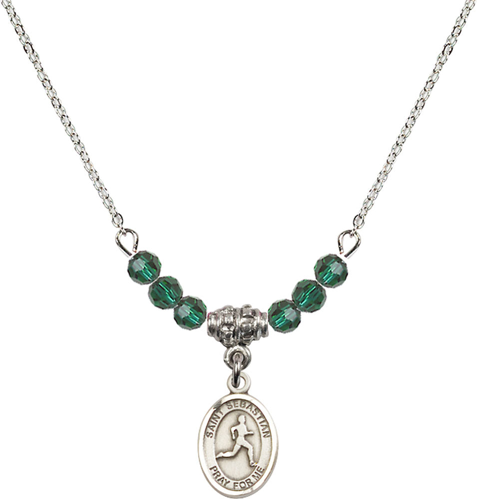 Sterling Silver Saint Sebastian/Track & Field Birthstone Necklace with Emerald Beads - 9176