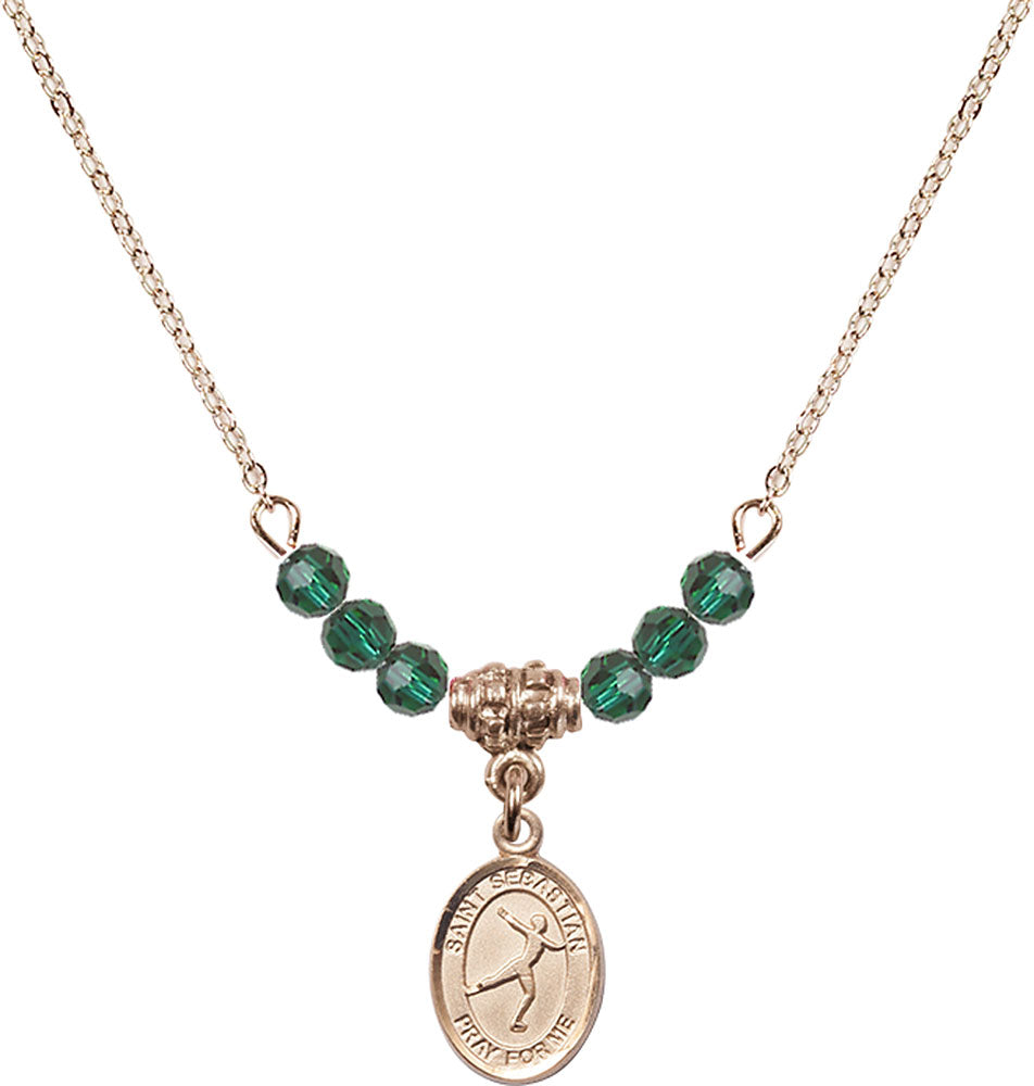 14kt Gold Filled Saint Sebastian/Figure Skating Birthstone Necklace with Emerald Beads - 9177