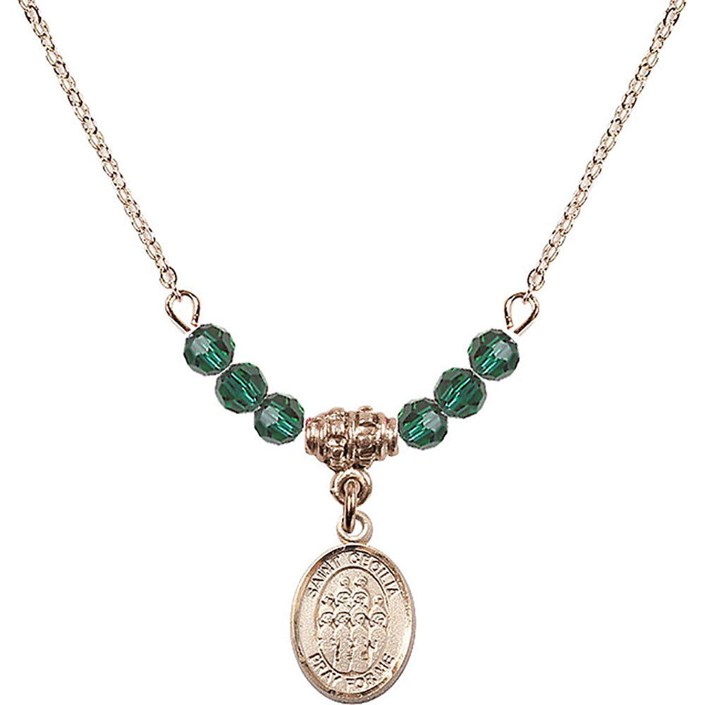 14kt Gold Filled Saint Cecilia / Choir Birthstone Necklace with Emerald Beads - 9180