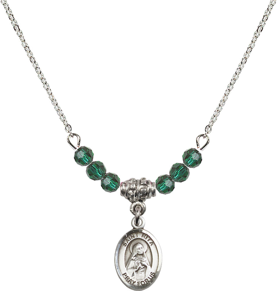 Sterling Silver Saint Rita / Baseball Birthstone Necklace with Emerald Beads - 9181