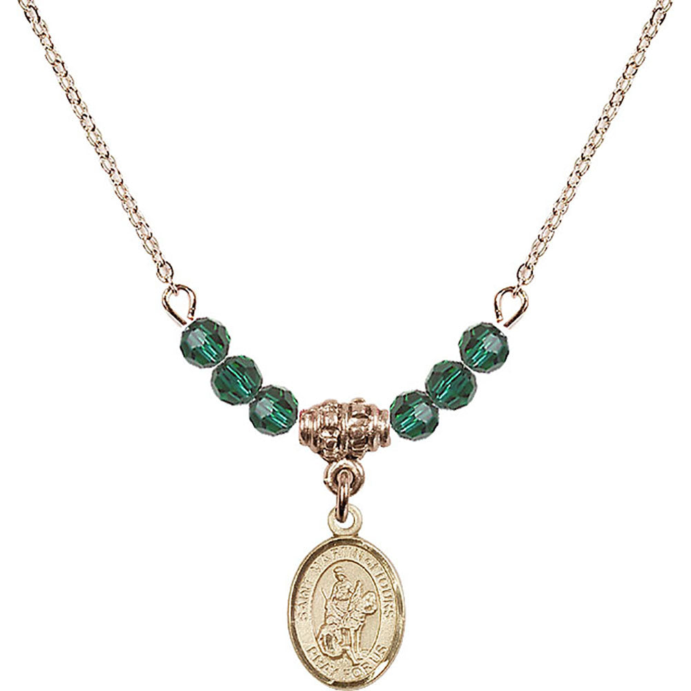 14kt Gold Filled Saint Martin of Tours Birthstone Necklace with Emerald Beads - 9200